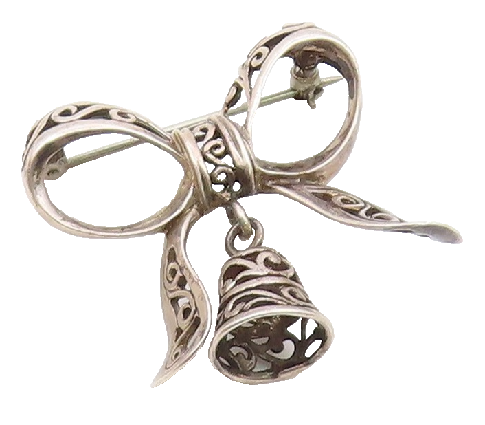 925 Sterling Silver  Vintage Bow Tied Swirl Ribbon & Bell Brooch Pin  BP7477
