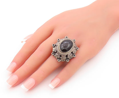 925 Sterling Silver Vintage Ring MEXICO Onyx Dark Tone Floral OPENS SZ 9 RG32111