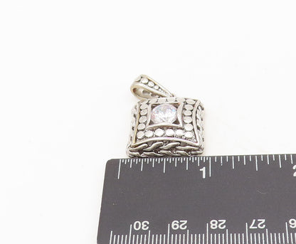 925 Sterling Silver Vintage Pendant Square Breaded Beaded Carved CZ  PT22510
