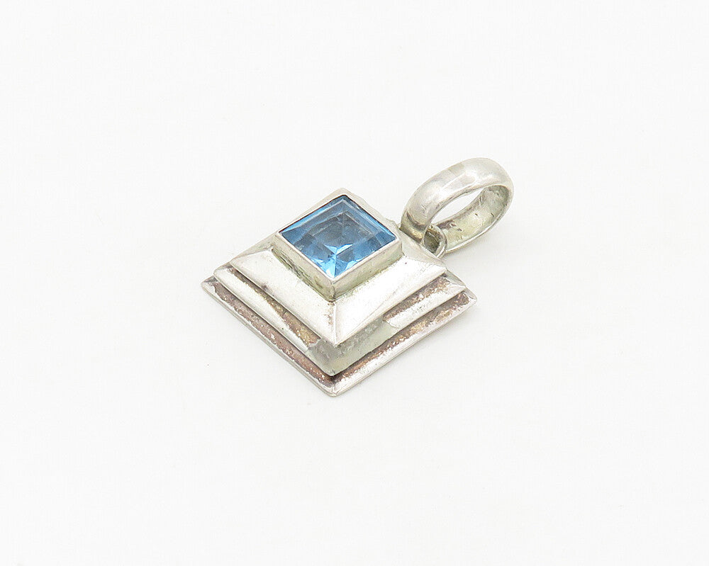 925 Sterling Silver  Vintage Faceted Blue Topaz Square Dome Pendant  PT14558