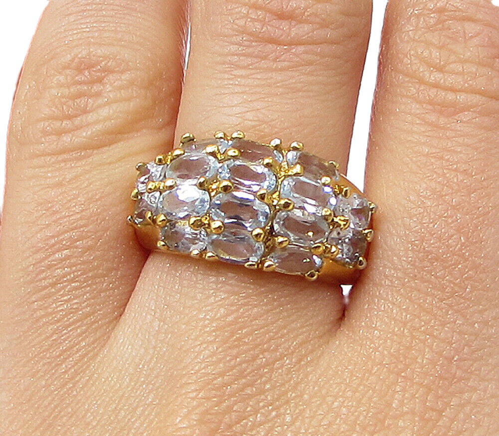 Gold Over 925 Silver  Oval Cut Faceted Aquamarine Band Ring Sz 7.5  RG3474