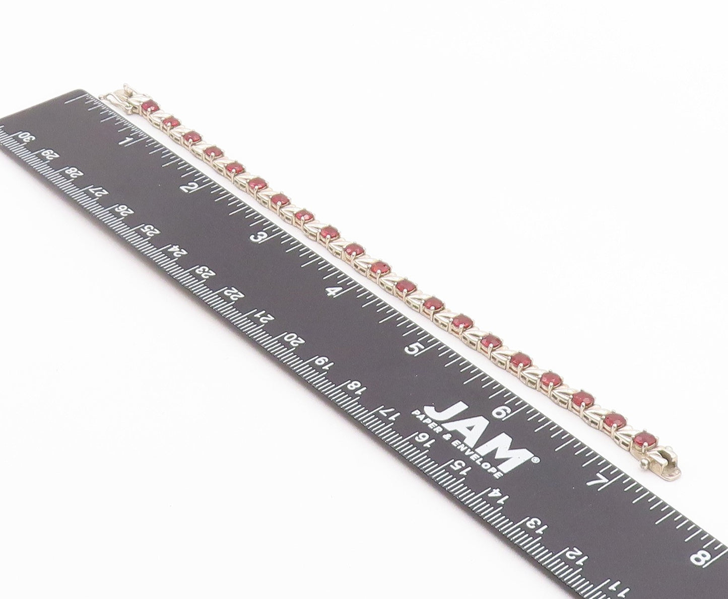925 Sterling Silver Vintage Bracelet Classic Round Cut Garnet Link  BT12174