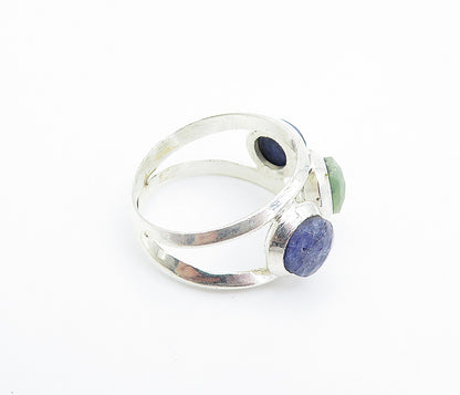 925 Sterling Silver  Emerald & Sapphire Split Shank Band Ring Sz 7  RG7914