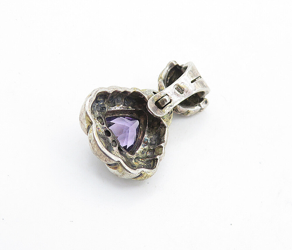 925 Sterling Silver  Vintage Amethyst Dark Tone Fluted Bail Pendant  PT5305