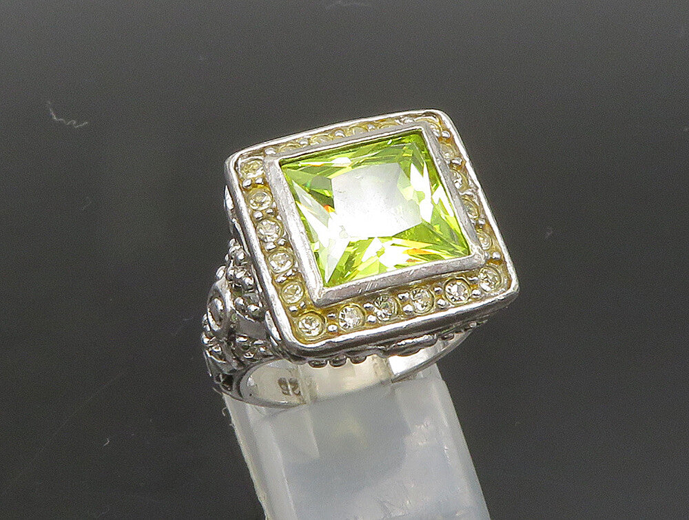 925 Silver  Vintage Green Cubic Zirconia Beaded Square Ring Sz 7  RG24386