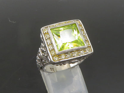 925 Silver  Vintage Green Cubic Zirconia Beaded Square Ring Sz 7  RG24386