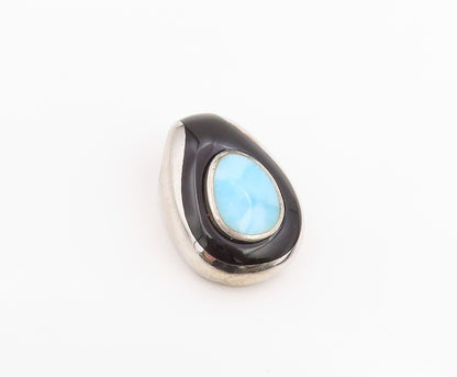 925 Sterling Silver Vintage Pendant Cabochon Larimar & Onyx Slide Charm  PT25971