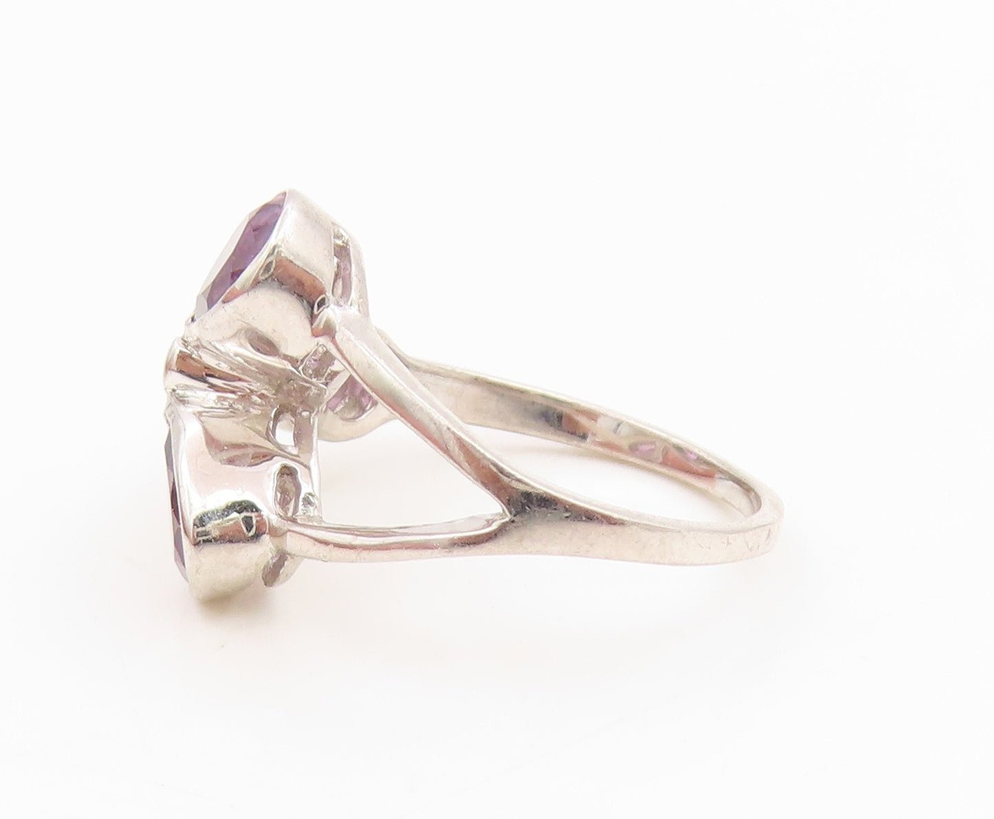 925 Sterling Silver Vintage Ring Three Stone Amethyst Floral Petal Sz 7 RG36184