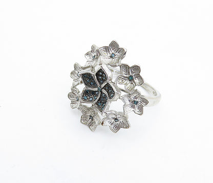 925 Sterling Silver  Vintage Genuine Blue Diamonds Cocktail Ring Sz 9  RG4287