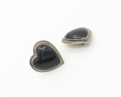 MEXICO 925 Silver  Vintage Black Onyx Love Heart Non Pierce Earrings  EG9066