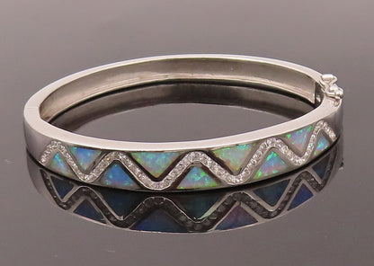 925 Sterling Silver  Vintage Wave Of CZ & Fire Opal Bangle Bracelet  BT9944