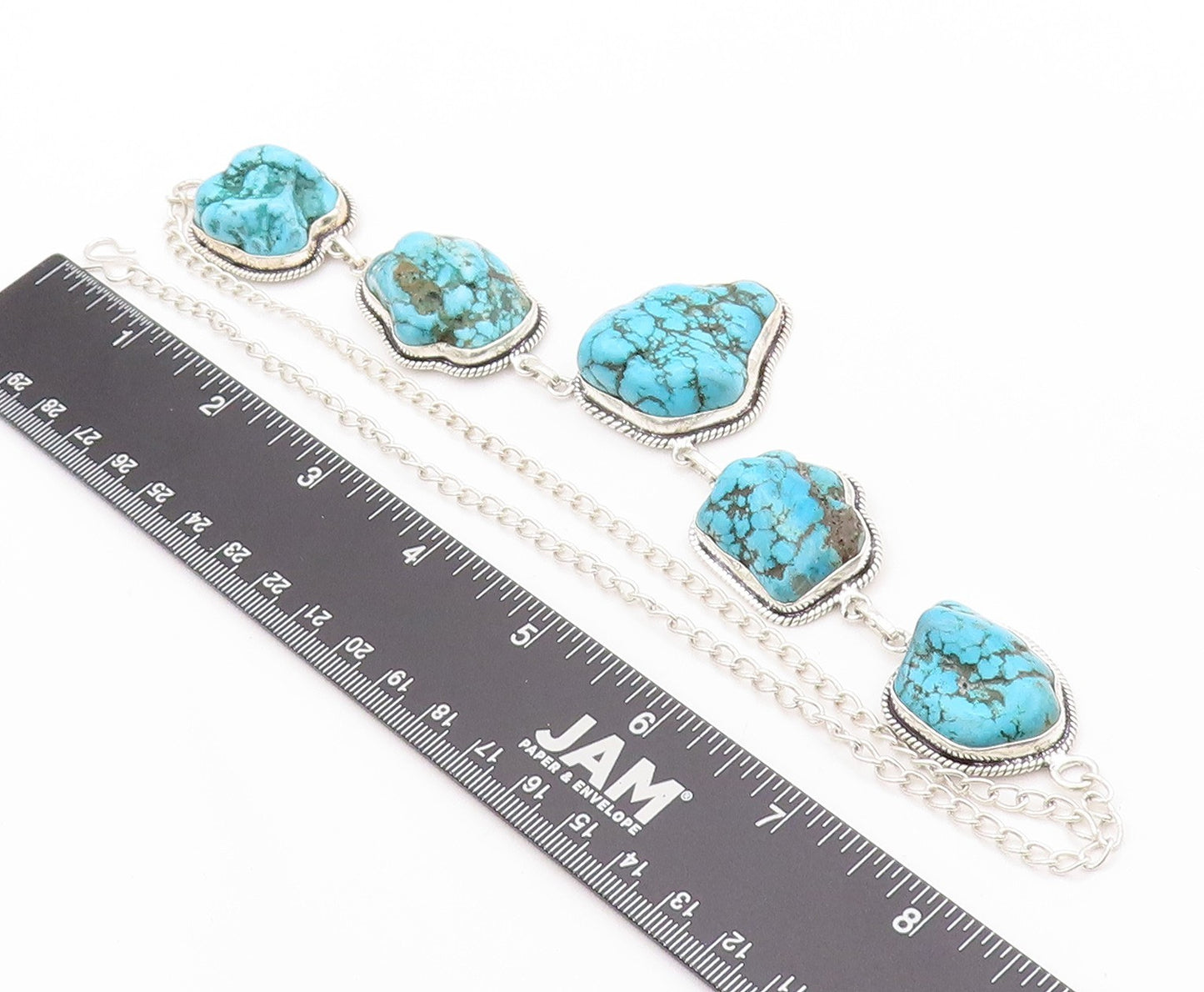 925 Sterling Silver Vintage Necklace Amorphas Linked Turquoise  NE4537
