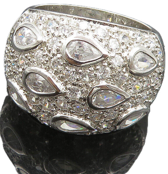 925 Silver   Vintage Cubic Zirconia Tear Drops Dome Band Ring Sz 8  RG19411