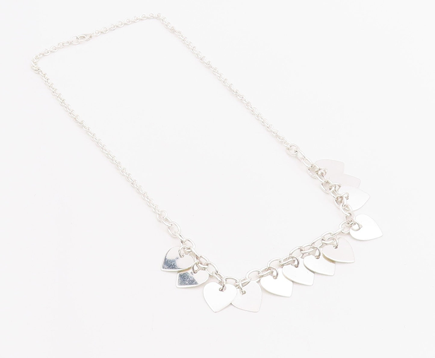 925 Sterling Silver Vintage Necklace Linked Chain Dangling Hearts Cutout  NE4581