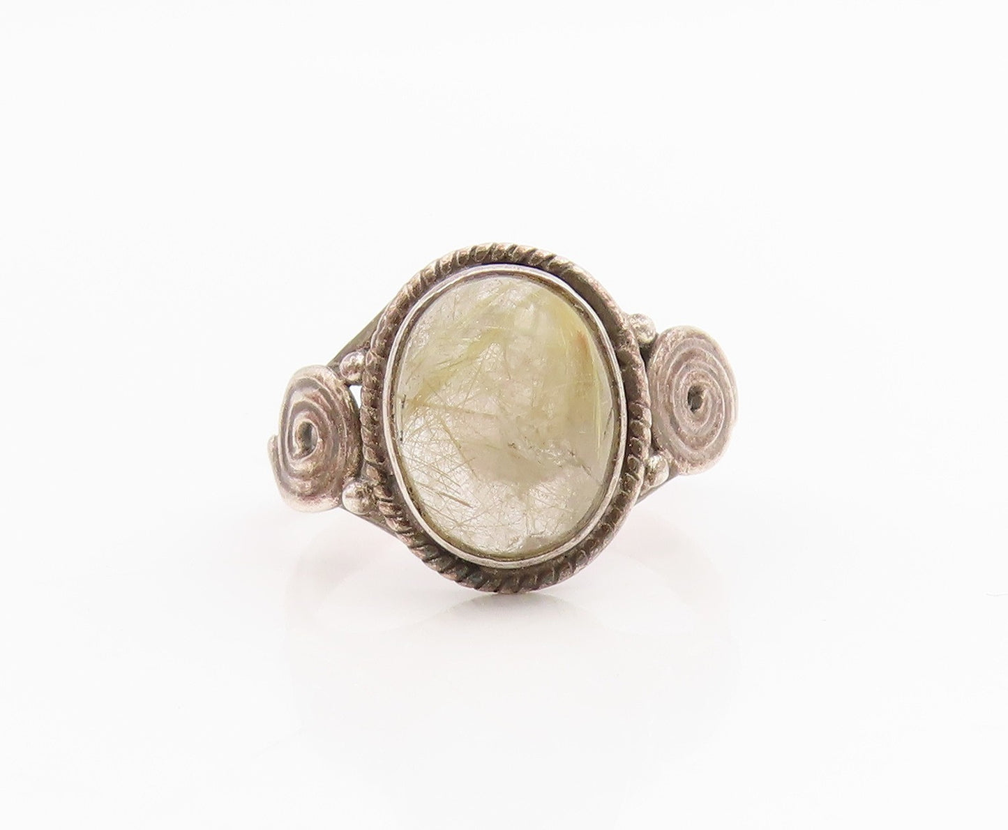 925 Sterling Silver Vintage Ring Oval Quartz With Spiral Accent  Sz 5.5  RG34782