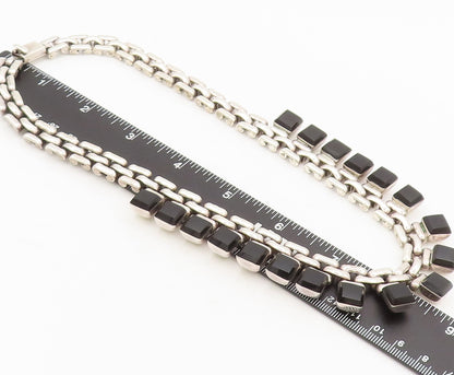 MEXICO 925 Sterling Silver Vintage Necklace Link Chain Onyx Heavy NE4206