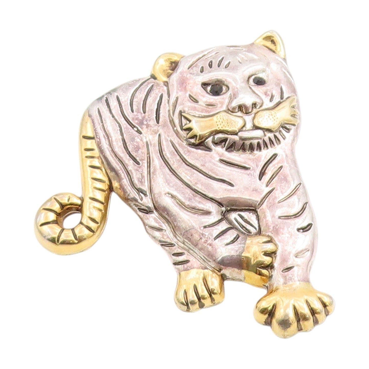 925 Sterling Silver Vintage Brooch Etched Two Tone Roaring Tiger Pin  BP11991