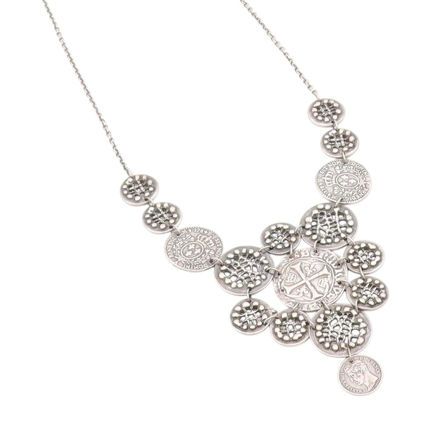 925 Sterling Silver Vintage Necklace Antique Treasure Coin Openwork Disc  NE4719