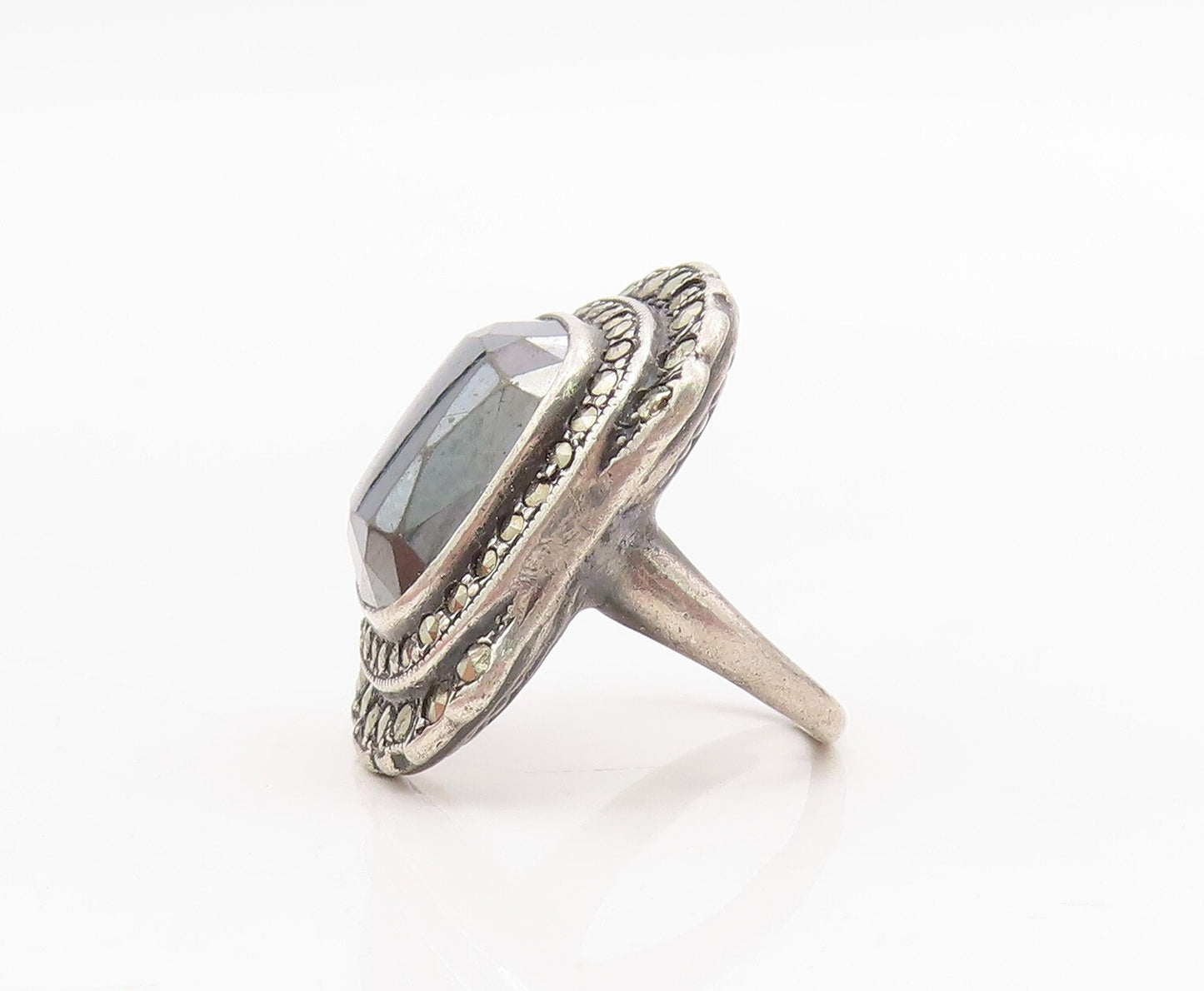 925 Sterling Silver Vintage Ring Dark Tone Victorian Hematite  Sz 3.5  RG31718