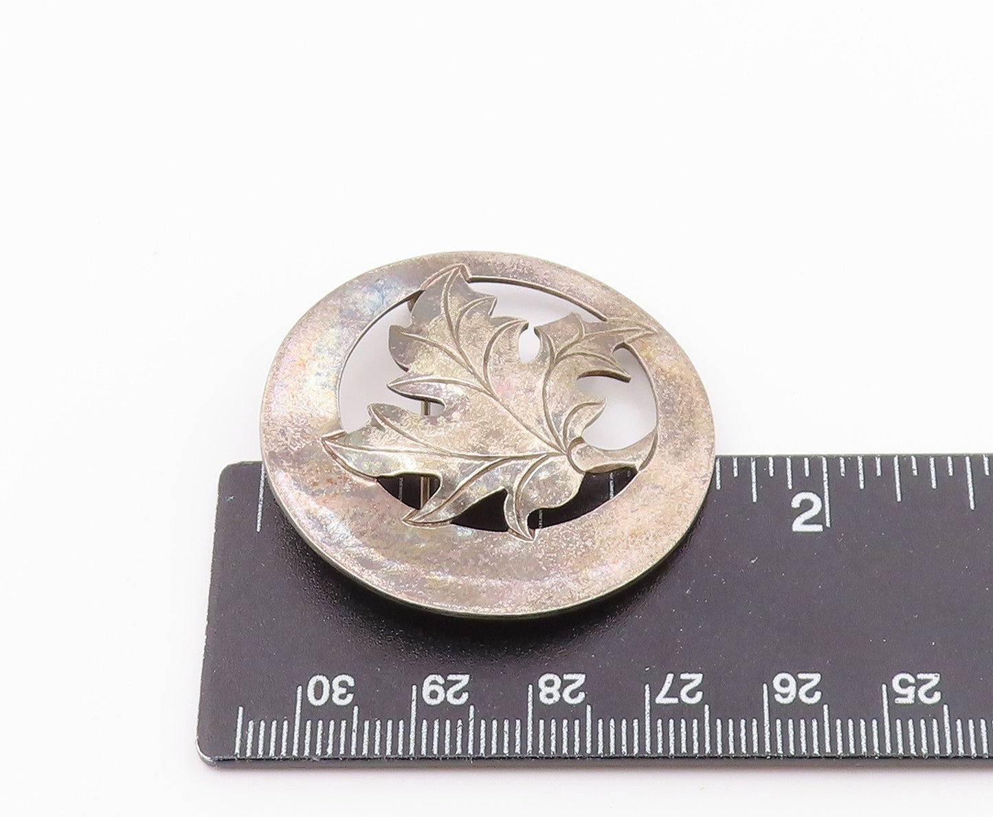 925 Sterling Silver  Vintage Dark Tone Autumn Leaf Round Brooch Pin  BP3240