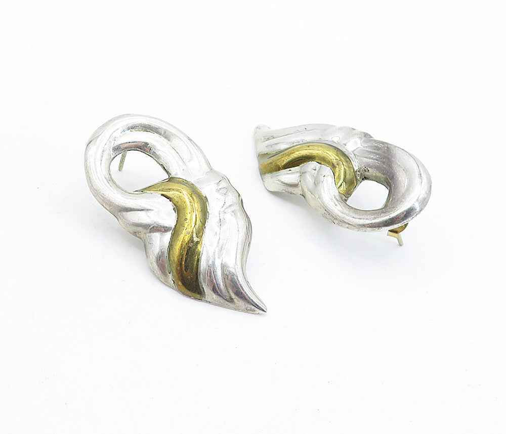 MEXICO 925 Sterling Silver Vintage Two Tone Hollow Drop Earrings EG2484