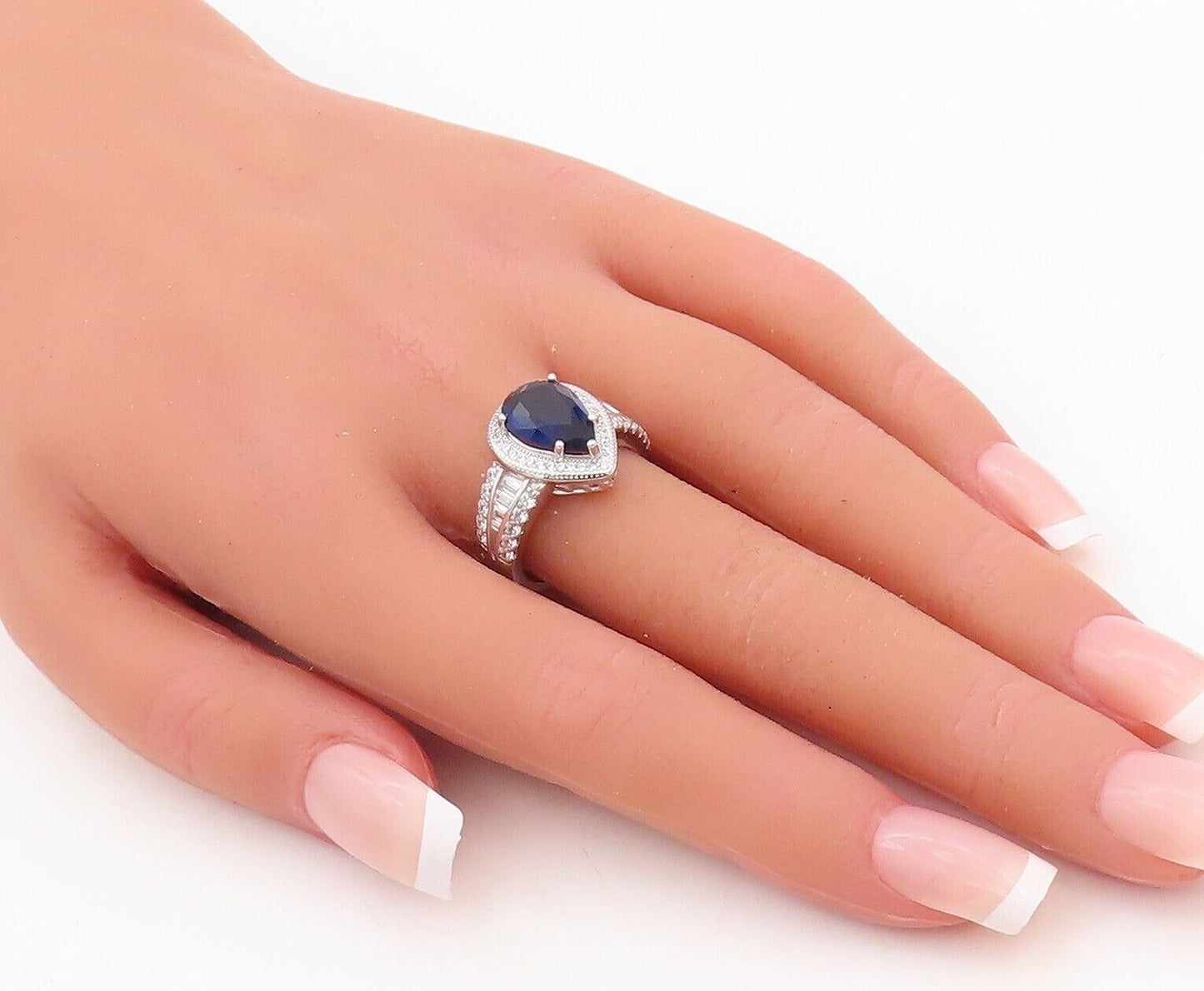 925 Sterling Silver Vintage Ring Drop Cut Sapphire Halo CZ Inlay Sz 7.5  RG30055