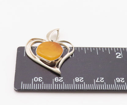 925 Sterling Silver Vintage Pendant Butterscotch Amber Love Heart Charm  PT26334