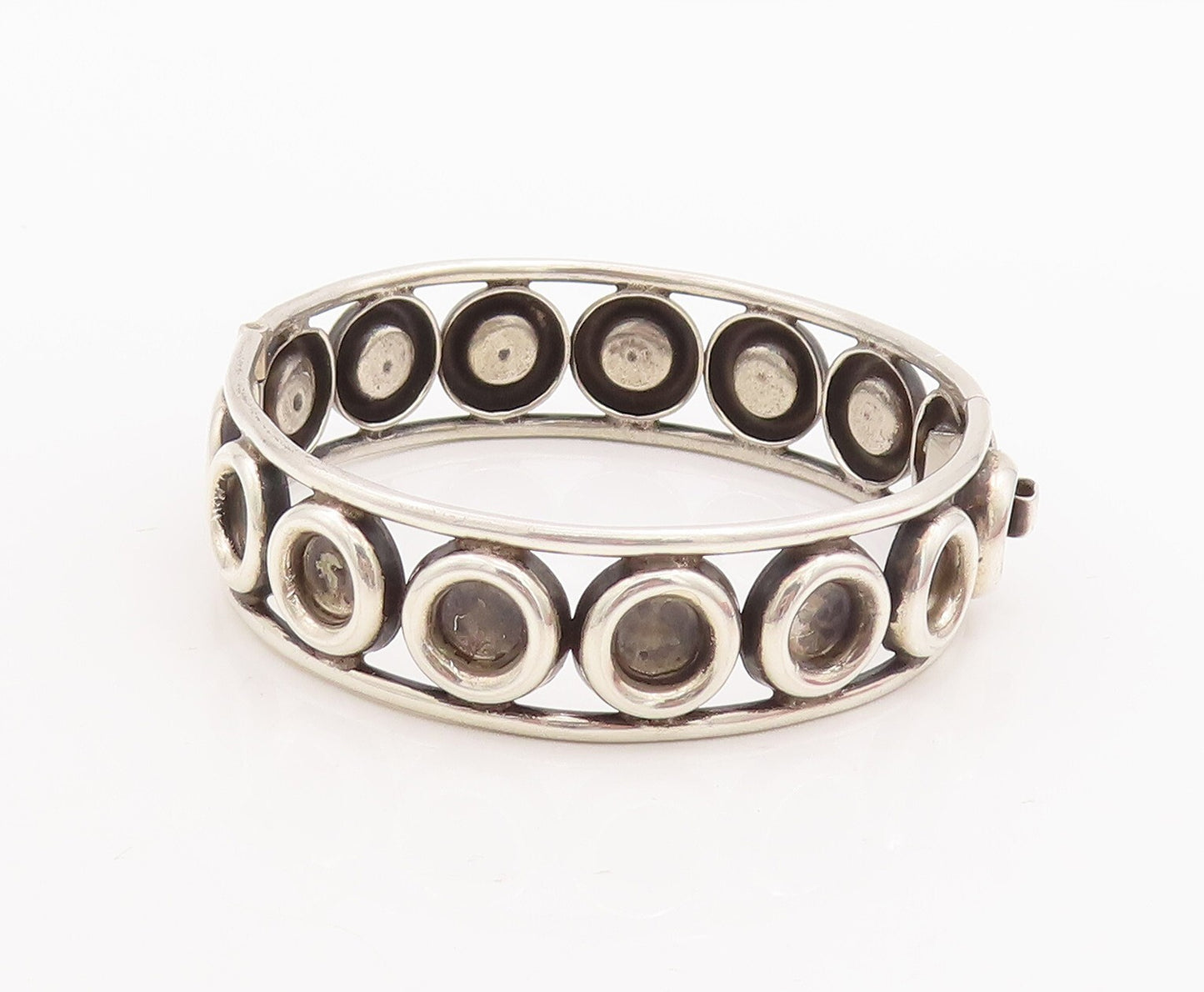 925 Sterling Silver Vintage Bracelet MEXICO Solid Rings Carved Bangle  BT10694