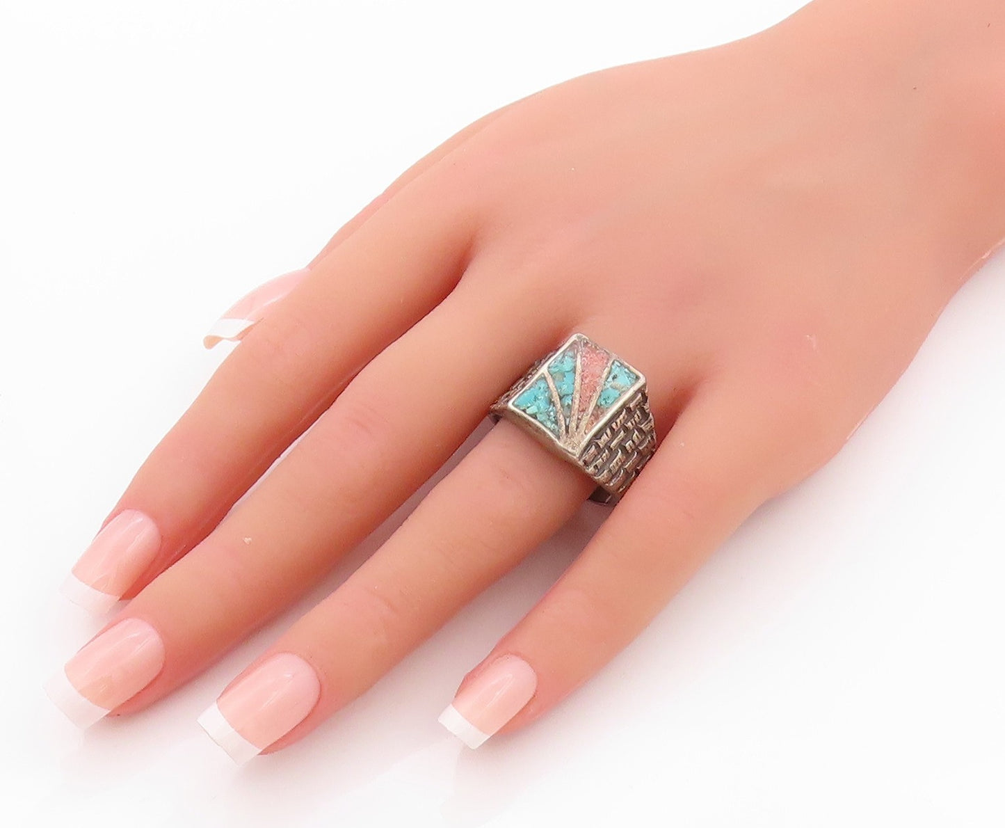 925 Sterling Silver Vintage Ring SOUTHWESTERN Crushed Turquoise Sz 12.5 RG32616