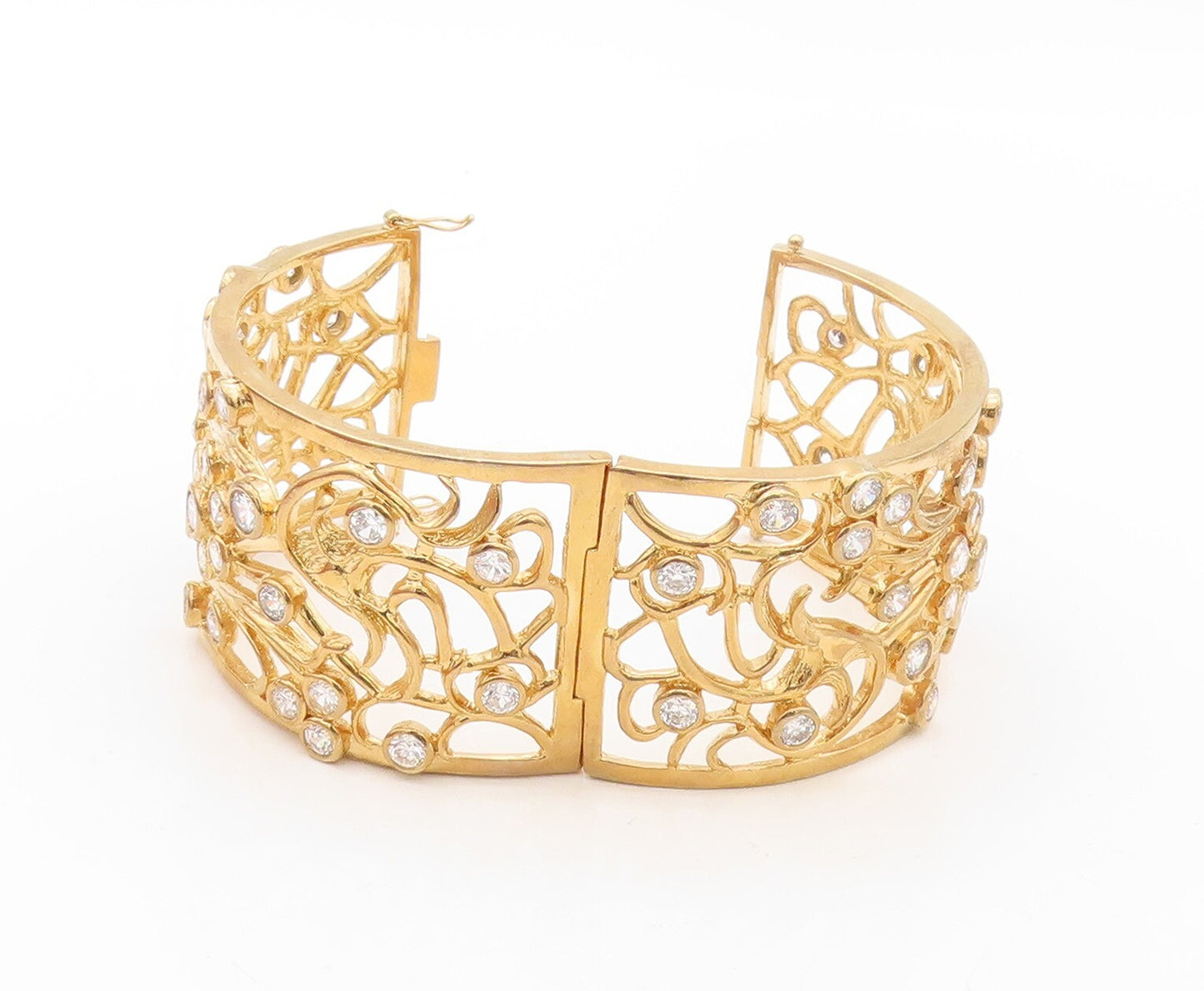 925 Sterling Silver Vintage Bracelet Gold Plated Heavy CZ Carved Ornate  BT10726