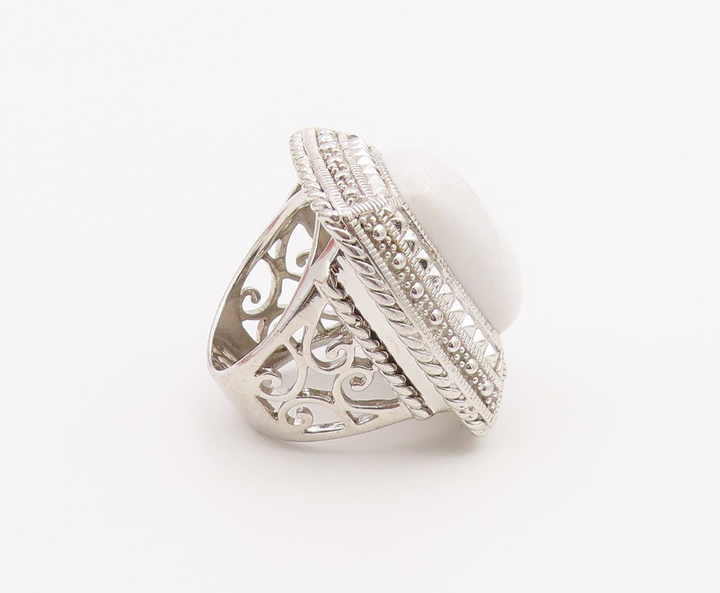 925 Sterling Silver Vintage Ring Cabochon White Onyx Statement Band Sz 6 RG36502