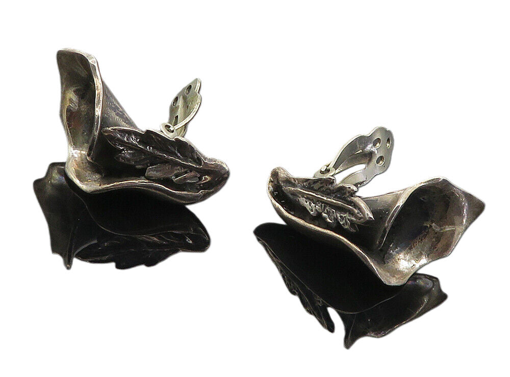 MEXICO 925 Sterling Silver  Vintage Sculpted Flower Non Pierce Earrings EG4578
