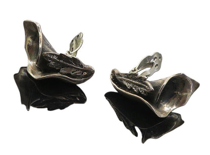 MEXICO 925 Sterling Silver  Vintage Sculpted Flower Non Pierce Earrings EG4578