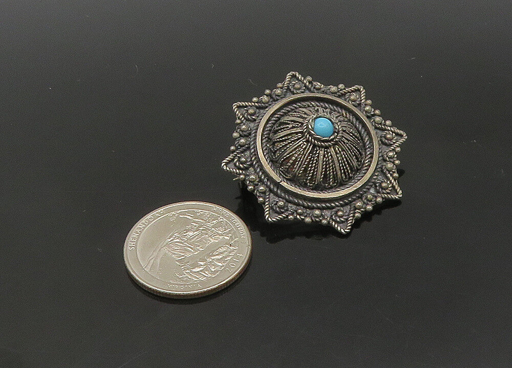 ISRAEL 925 Sterling Silver  Vintage Antique Turquoise Dome Brooch Pin  BP8322