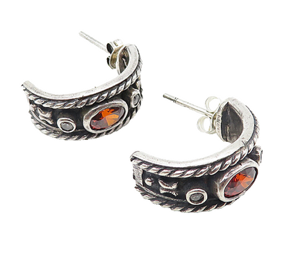 925 Sterling Silver  Vintage Red Topaz Oxidized Twist JHoop Earrings  EG3945