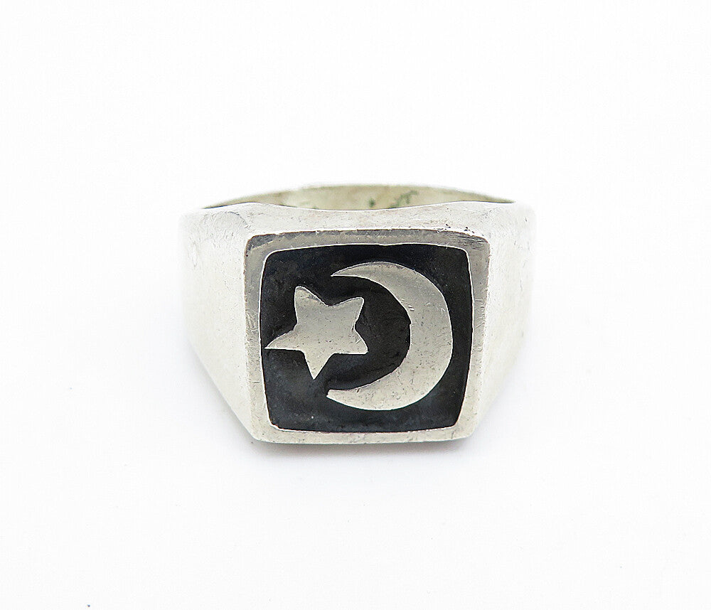MEXICO 925 Silver  Vintage Oxidized Half Moon & Star Band Ring Sz 10  RG7403