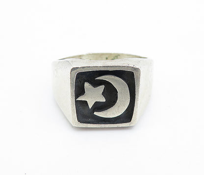 MEXICO 925 Silver  Vintage Oxidized Half Moon & Star Band Ring Sz 10  RG7403