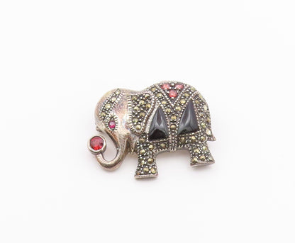 925 Silver  Vintage Spinel Onyx & Multi Stone Elephant Brooch Pin  BP9578