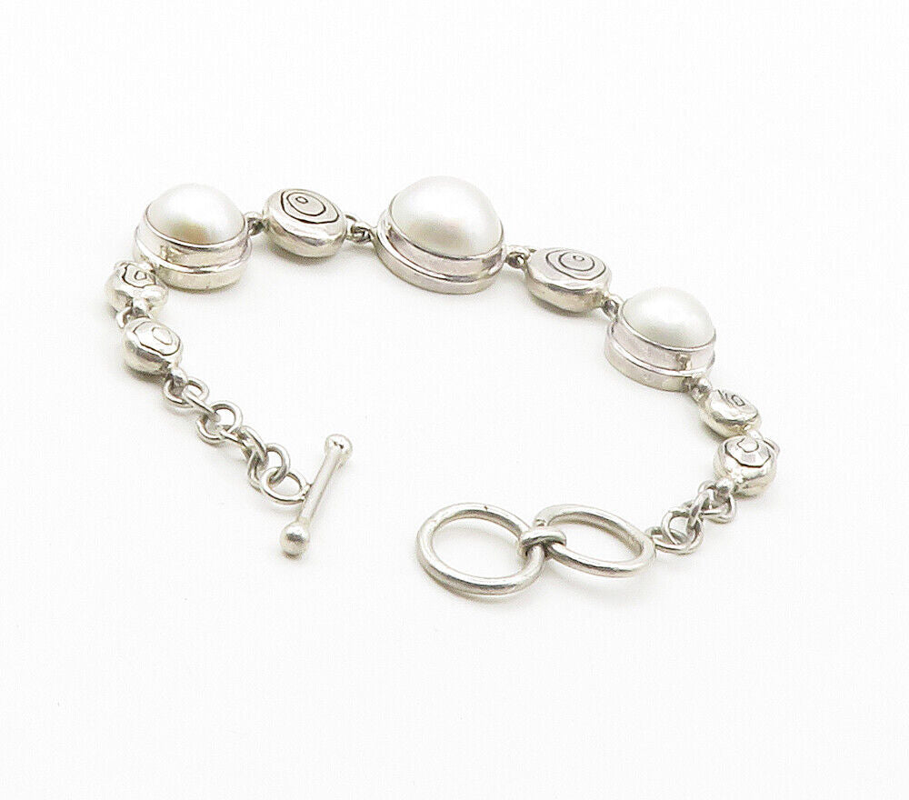 925 Sterling Silver  Vintage Pearl Domes Etched Link Chain Bracelet  BT5970