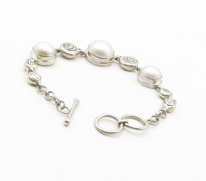 925 Sterling Silver  Vintage Pearl Domes Etched Link Chain Bracelet  BT5970
