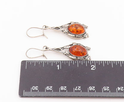 925 Sterling Silver Vintage Earrings Cabochon Amber Floral Motif Dangle  EG14512