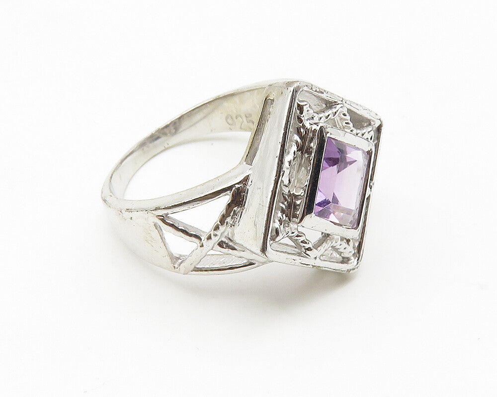 925 Sterling Silver  Amethyst Open Square Shiny Cocktail Ring Sz 7  RG10354