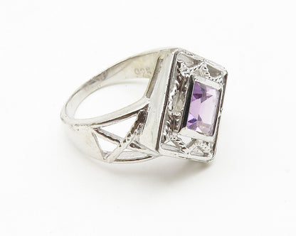 925 Sterling Silver  Amethyst Open Square Shiny Cocktail Ring Sz 7  RG10354