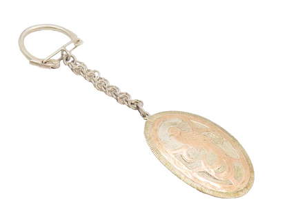 MEXICO 18k GOLD & 925 Silver  Vintage Etched Bird On Branch Keychain  TR3588