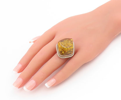 925 Sterling Silver Vintage Ring Baltic Honey Amber Cabochon Band  Sz 7  RG34426