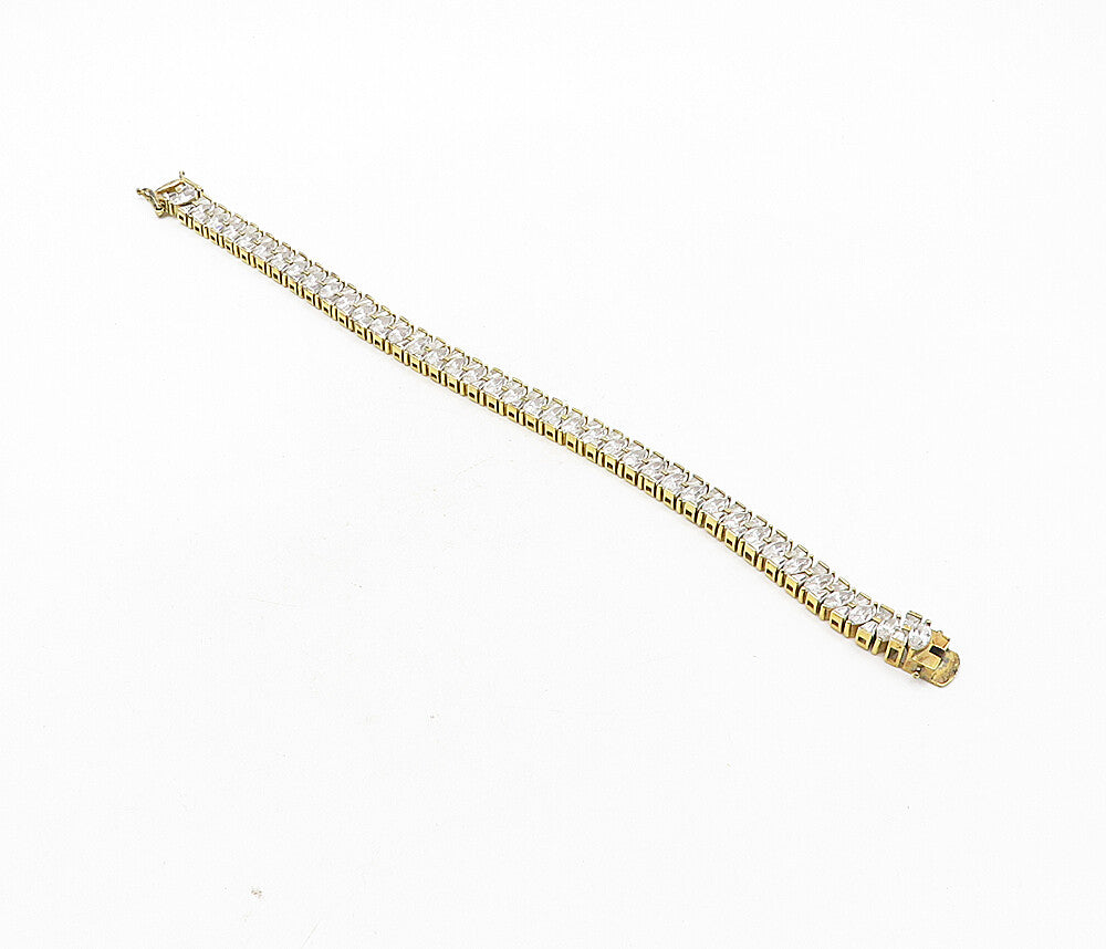 925 Sterling Silver  Cubic Zirconia Gold Plated Shiny Chain Bracelet  BT4075