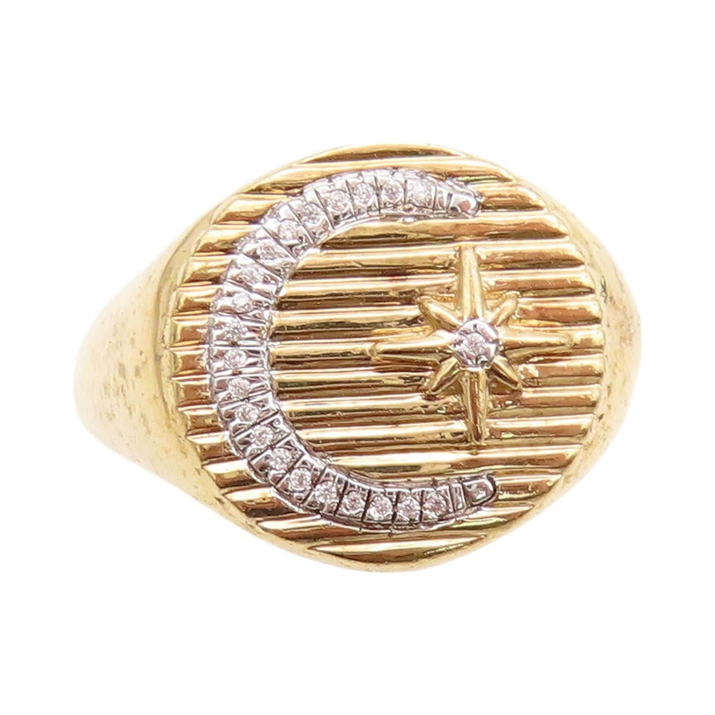 925 Sterling Silver Vintage Ring Gold Plated CZ Inlay Moon & Star  Sz 7  RG32771
