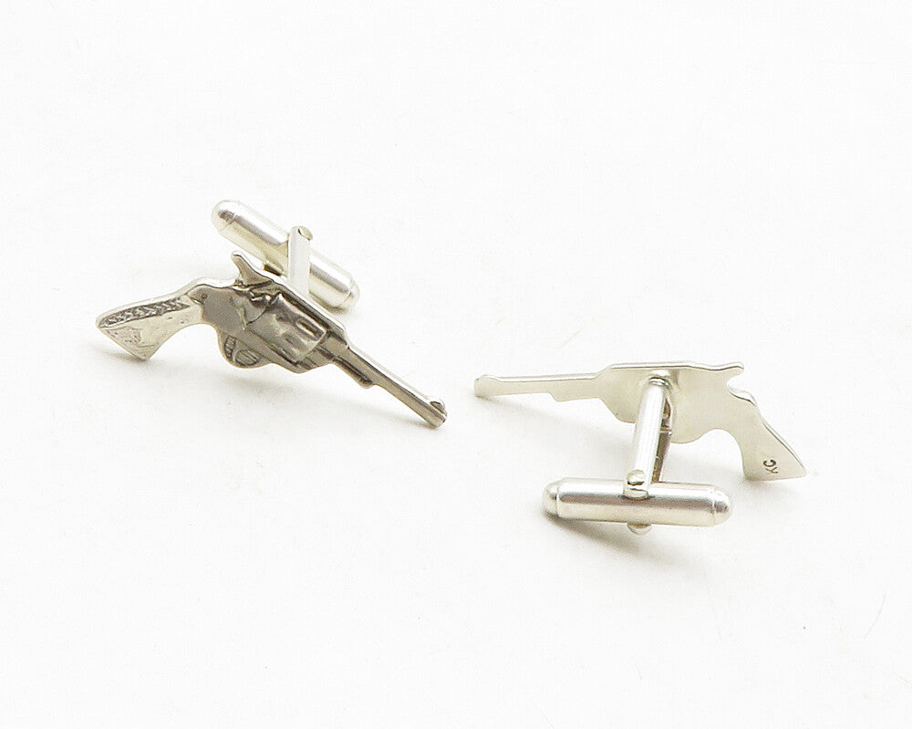 925 Sterling Silver  Vintage Shiny Pistol Gun Motif Cufflinks  TR1929