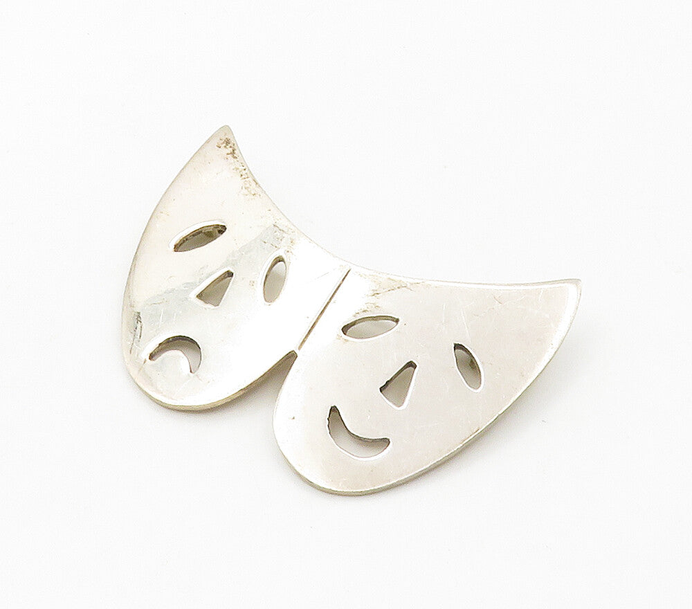 MEXICO 925 Sterling Silver  Vintage Dramatic Theater Masks Brooch Pin  BP5989
