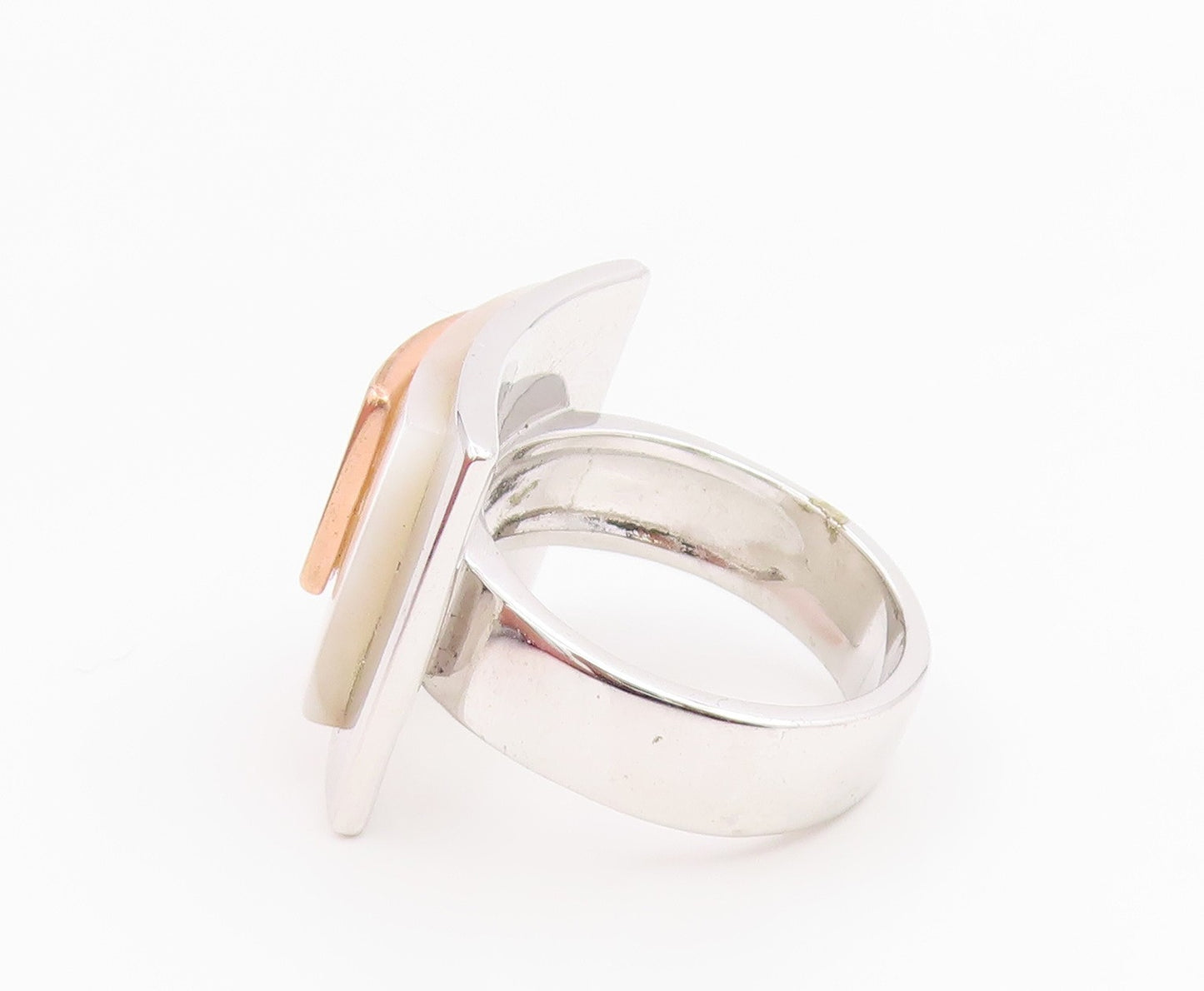 925 Sterling Silver Vintage Ring Mother Of Pearl Two Tone Band  Sz 8  RG35372